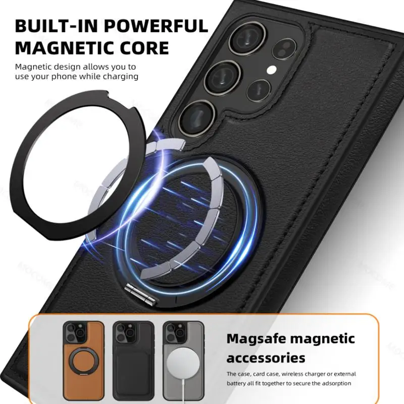 حافظة هاتف جلدية مع شحن لاسلكي ، شفط مغناطيسي ، سامسونج جالاكسي S24 ، S23 ، S22 بلس الترا ، قوس دوار ° ، غطاء زلزالي