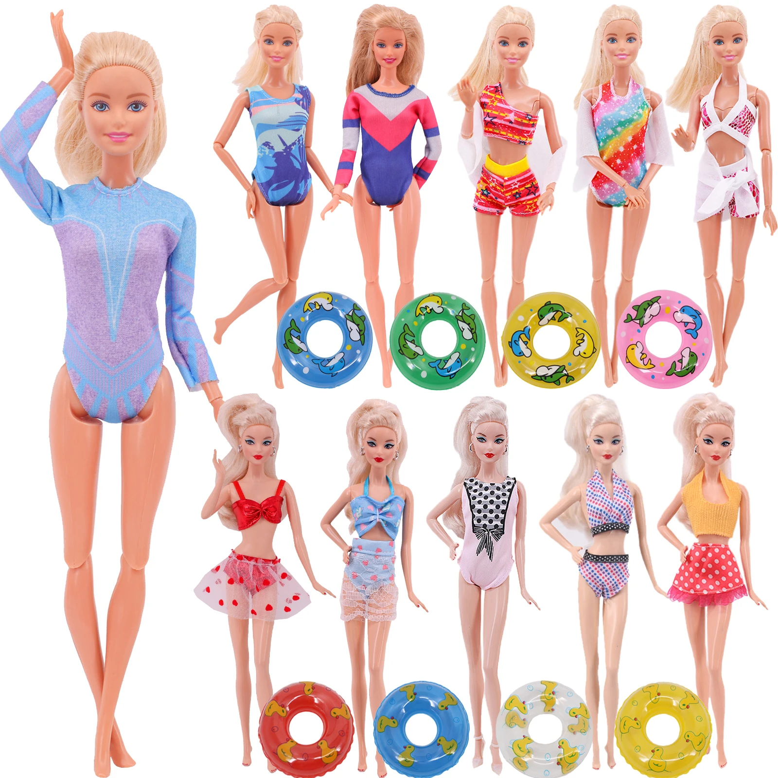 Barbies Doll Clothes Summer Bkni Swimsuit+Swiming Ring One-Piece Suit Suitable For 11.8inch Doll Casual Clothing Free Shoe Gift