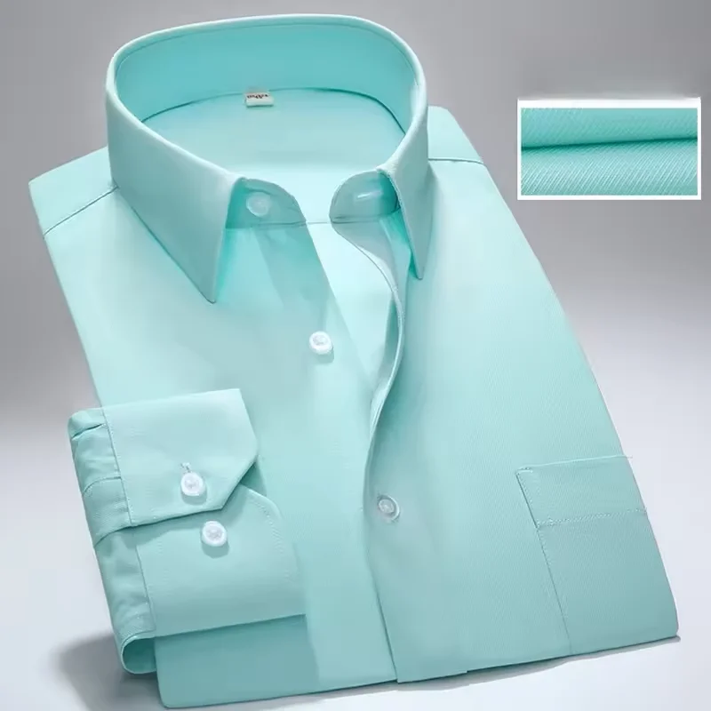 

New Men Formal Shirt Long Sleeve Office Solid Color Anti-Wrinkle Fashion Business Pocket White Social Pocket Blue Shirt S-7XL