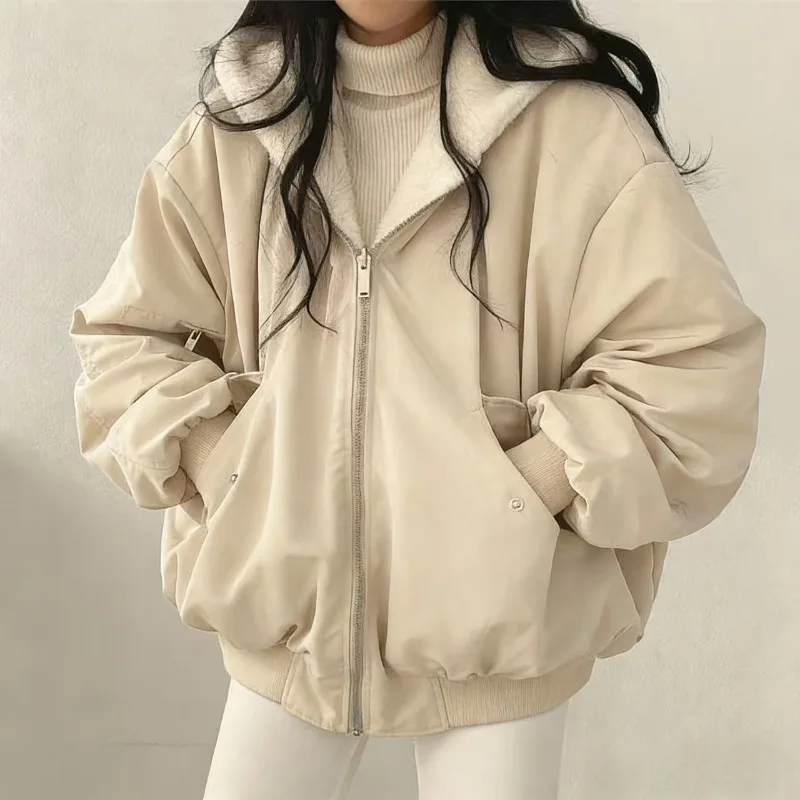 Winter Jacket 2026 New Thicken Two Sides Wear Hooded Short Styles Lamb Wool Cotton Puffer Coat Women's Zippers Spliced Design
