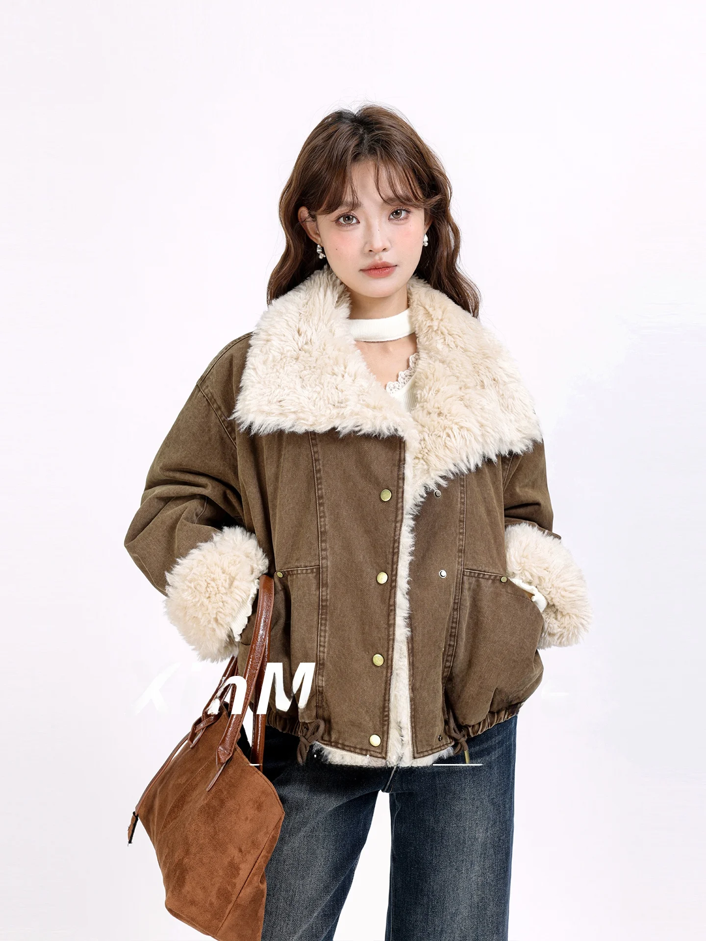 

Retro Meara Lamb Fur Winter Denim Jaet Coat Dstring Hem Parka Cotton Clothes Women's ort Outerwear Korean Sle Warmth