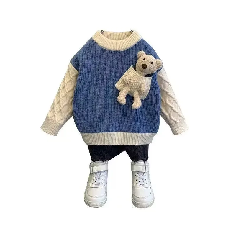 Boy Pullover Sweater Thickened 2024 Autumn/Winter Clothing Girls Baby Thick Knit Sweater Childrens Clothing Top Kids Sweater