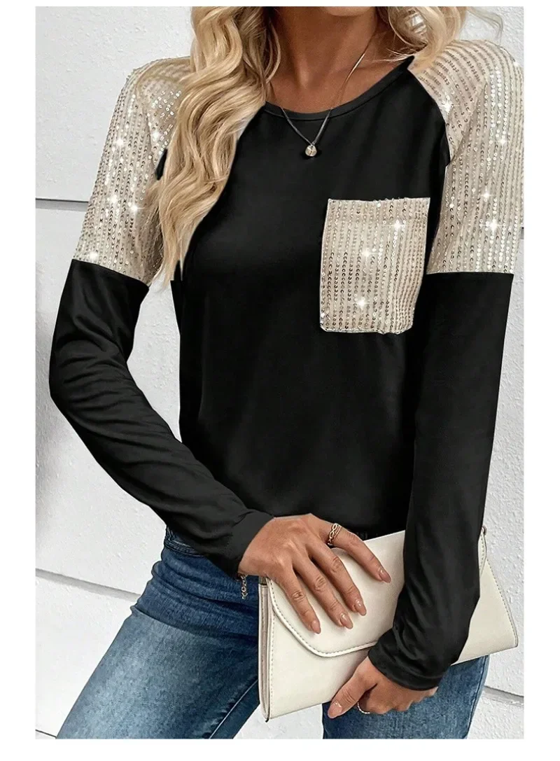 2024 New Women's Sequin Patchwork Long Sleeved Tops with Pocket Pullover T Shirts O Neck Loose Casual Spring Autumn Tee NASY0015