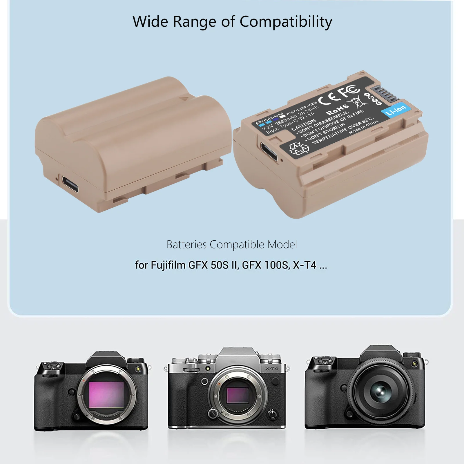 2880 mAh NP-W235 NP W235 Battery with Type C Port For Fujifilm NP-W235 Battery, For Fujifilm X-T4, X-T5 GFX 100S, GFX 50S II