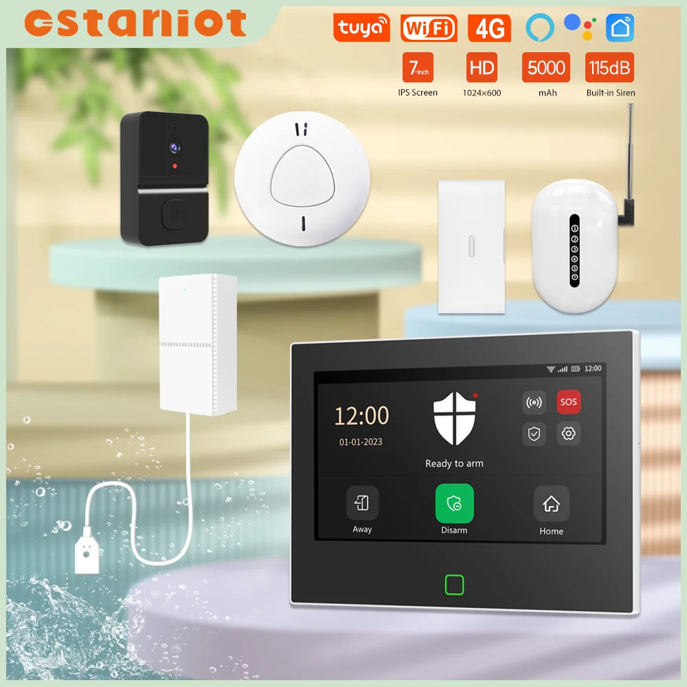 Staniot Alarm System for Home Burglar Security 7inch WiFi 4G Wireless Tuya Smart App Control Works Alexa With Water Leak Sensor