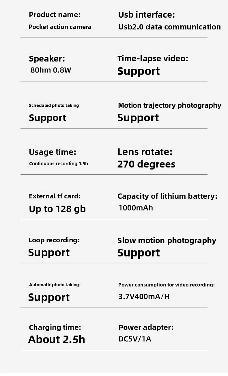Câmera de bolso esportiva lente de rotação de 270 graus, câmera portátil compacta criativa para motocicleta