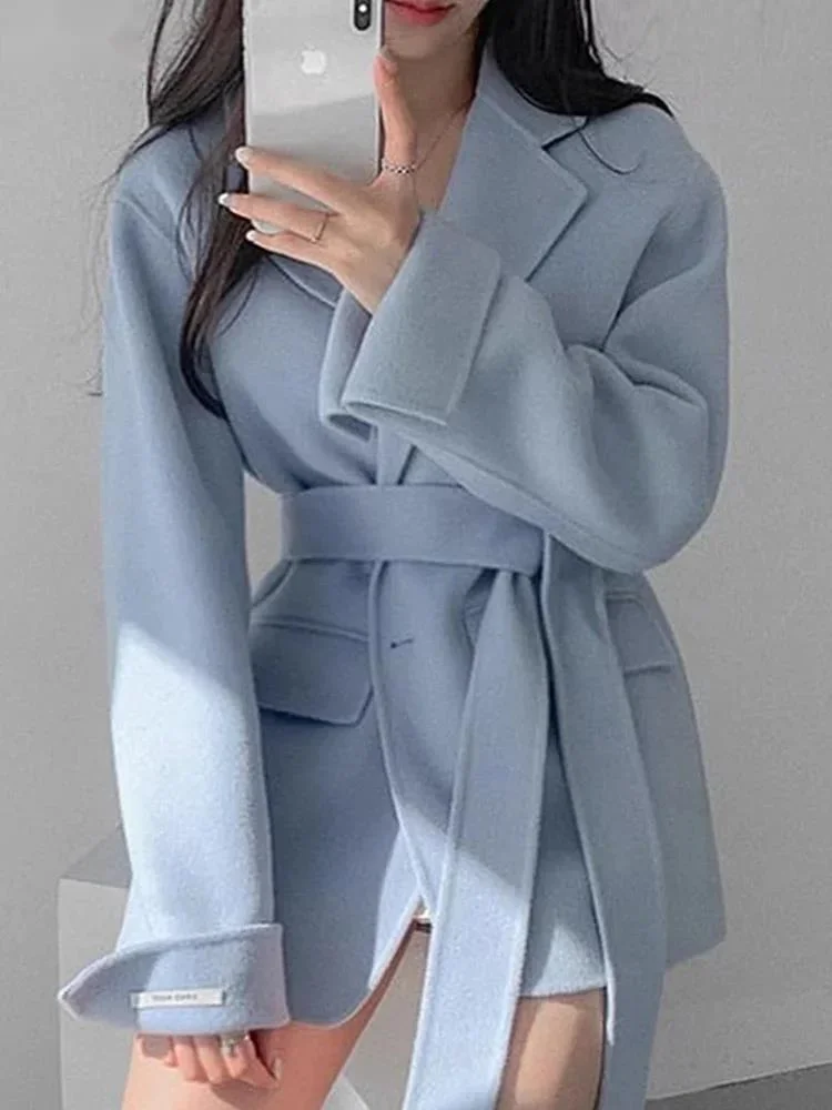 

Fashion Suit Collar All-match Woolen Coat Blue Jackets Women Long Sleeve Office Lady Outerwear 2024 Autun Winter