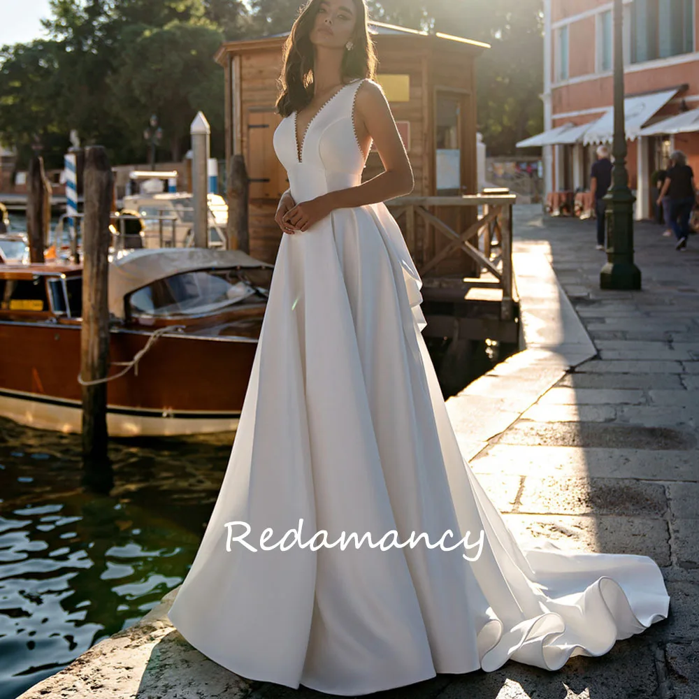 Redamancy White Beading V-neck Satin A-LINE Wedding Dresses 2024 Backless Slim Floor-Length vestidos de novia Party Dress