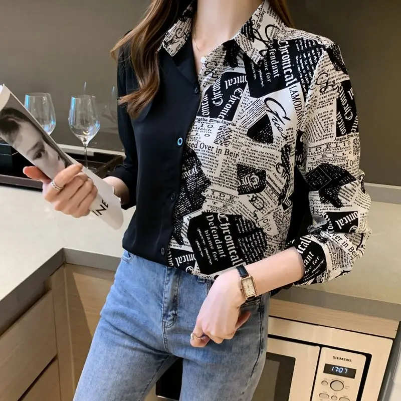 Patchwork Long Sleeve Print Blouse Spring Autumn New Polo Neck Letter All-match Elegant Shirt Tops Fashion Casual Women Clothing