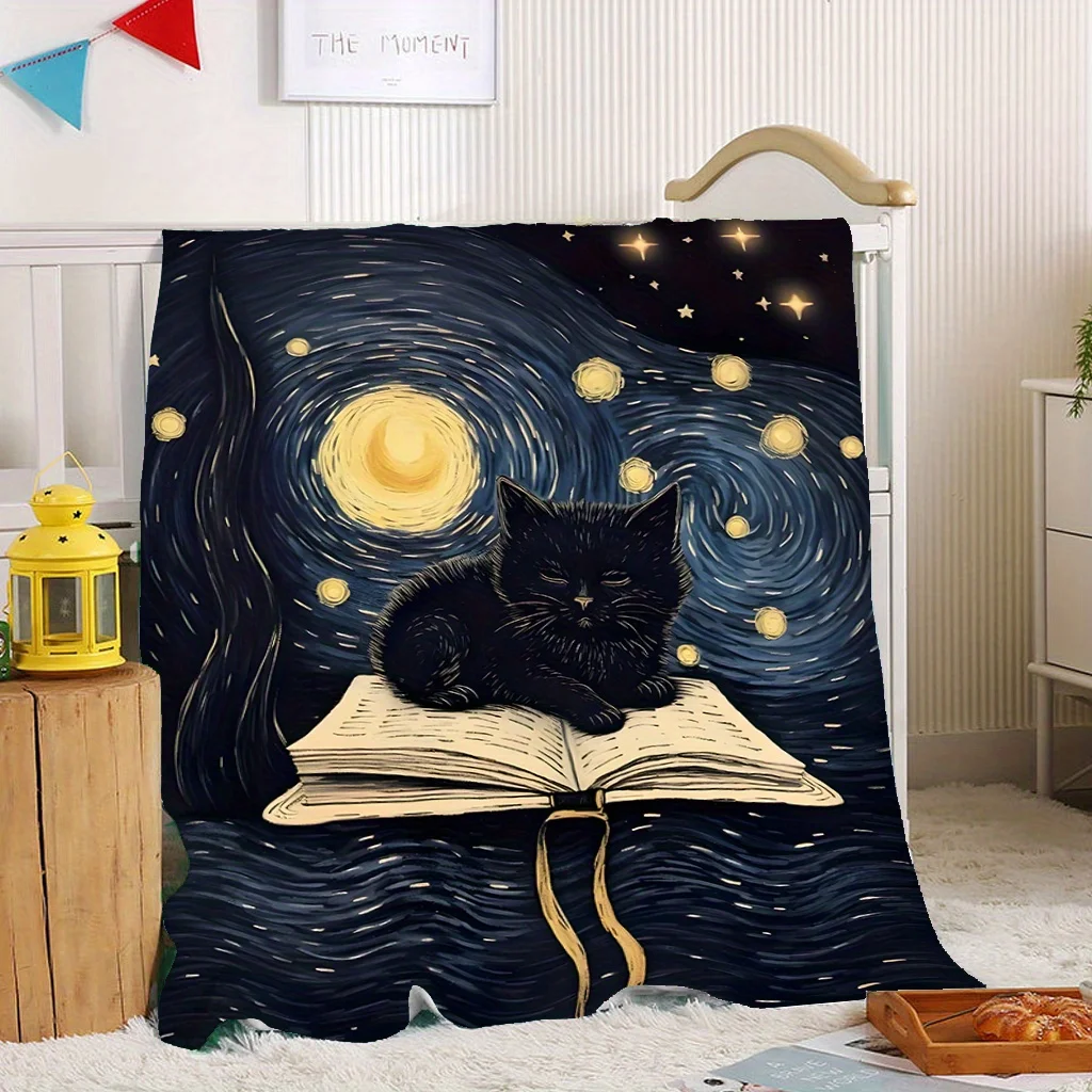 Cat Print Blanket with Drowsy Cat Under the Starry Sky, Creative Decorative Art Blanket, Soft and Warm Shawl Blanket Nap Blanket