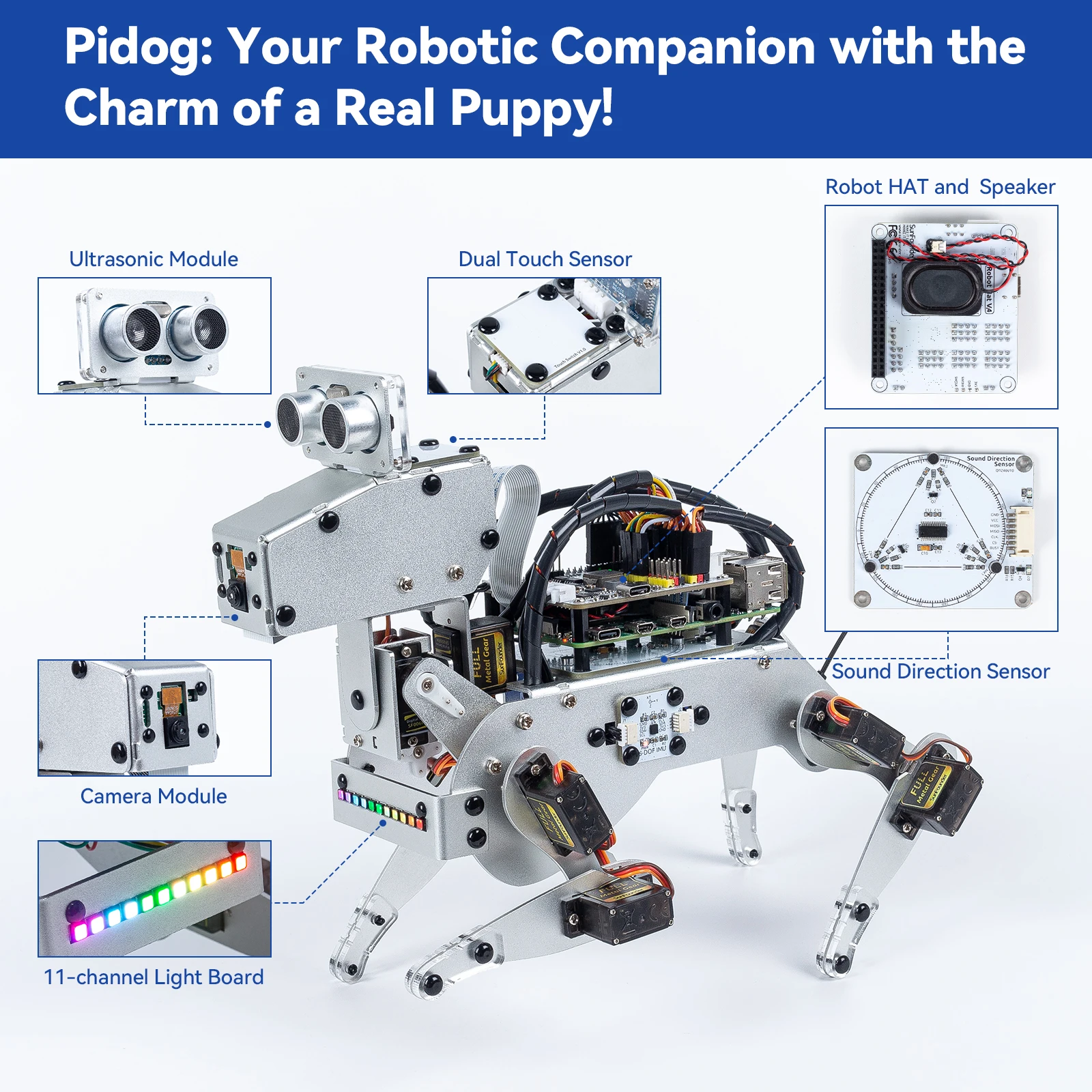 SunFounder PiDog Robot Dog Kit for Raspberry Pi 4/3B+/3B/Zero W, Walking, Self Balancing, Face Recognition, Batteries Included