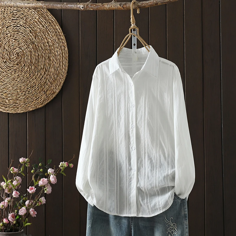 2026 Women Elegant Cotton Blend White Spring Summer Shirts Long Sleeve Casual Blouses Ladies Tops Luxury Designer Clothing J160