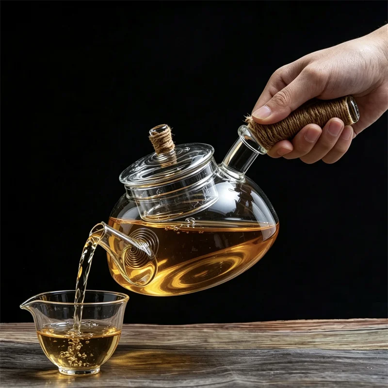  Tetera de Vidrio Borosilicato Transparente de 650 ml con Asa Envuelta en Cáñamo, para Preparar Té Verde e Infusiones de Hierbas, Apta para Estufa