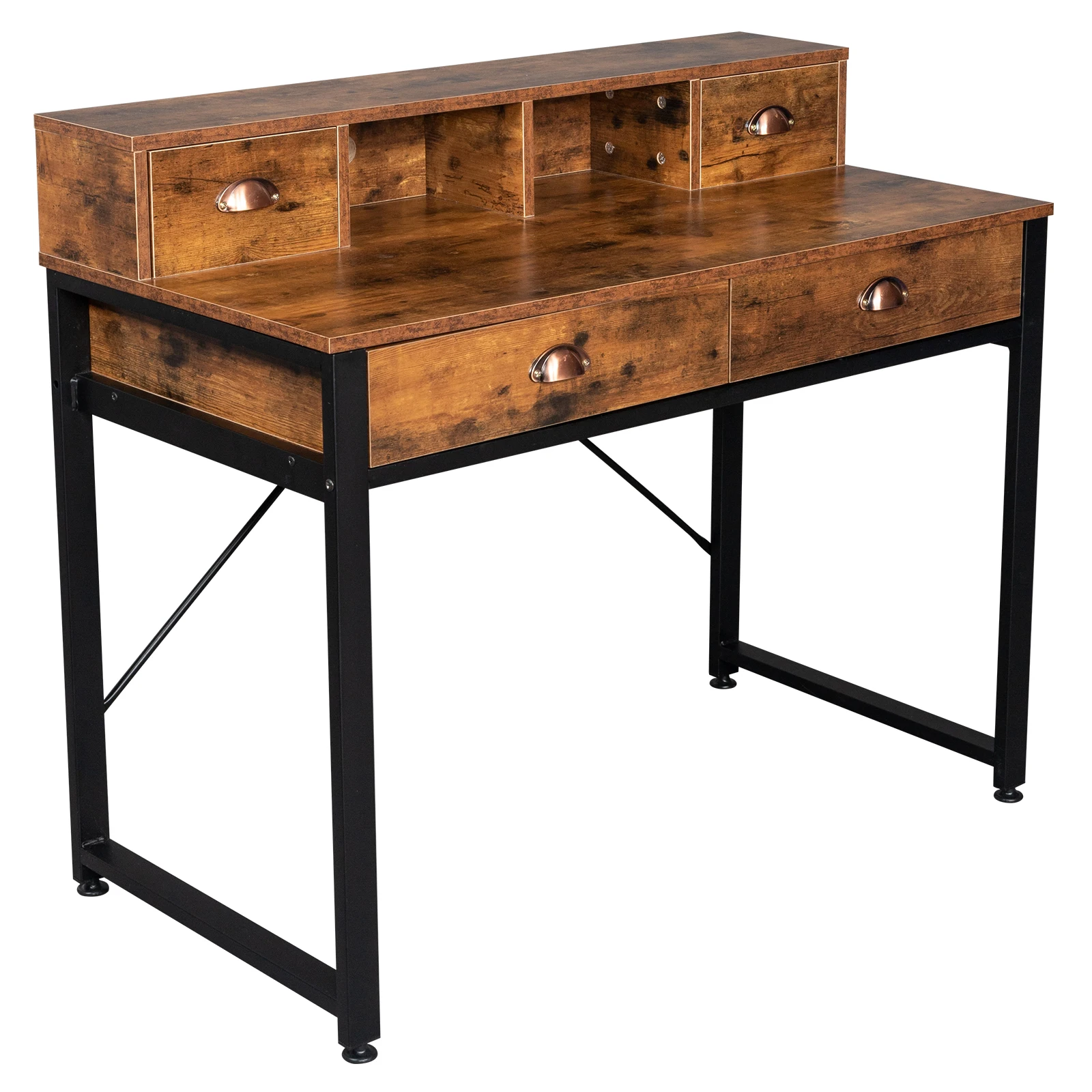 

FCH 106*54*90cm Old Wood Table Top Black Steel Frame Particle Board Two Small Drawers Two Large Drawers Computer Desk Table