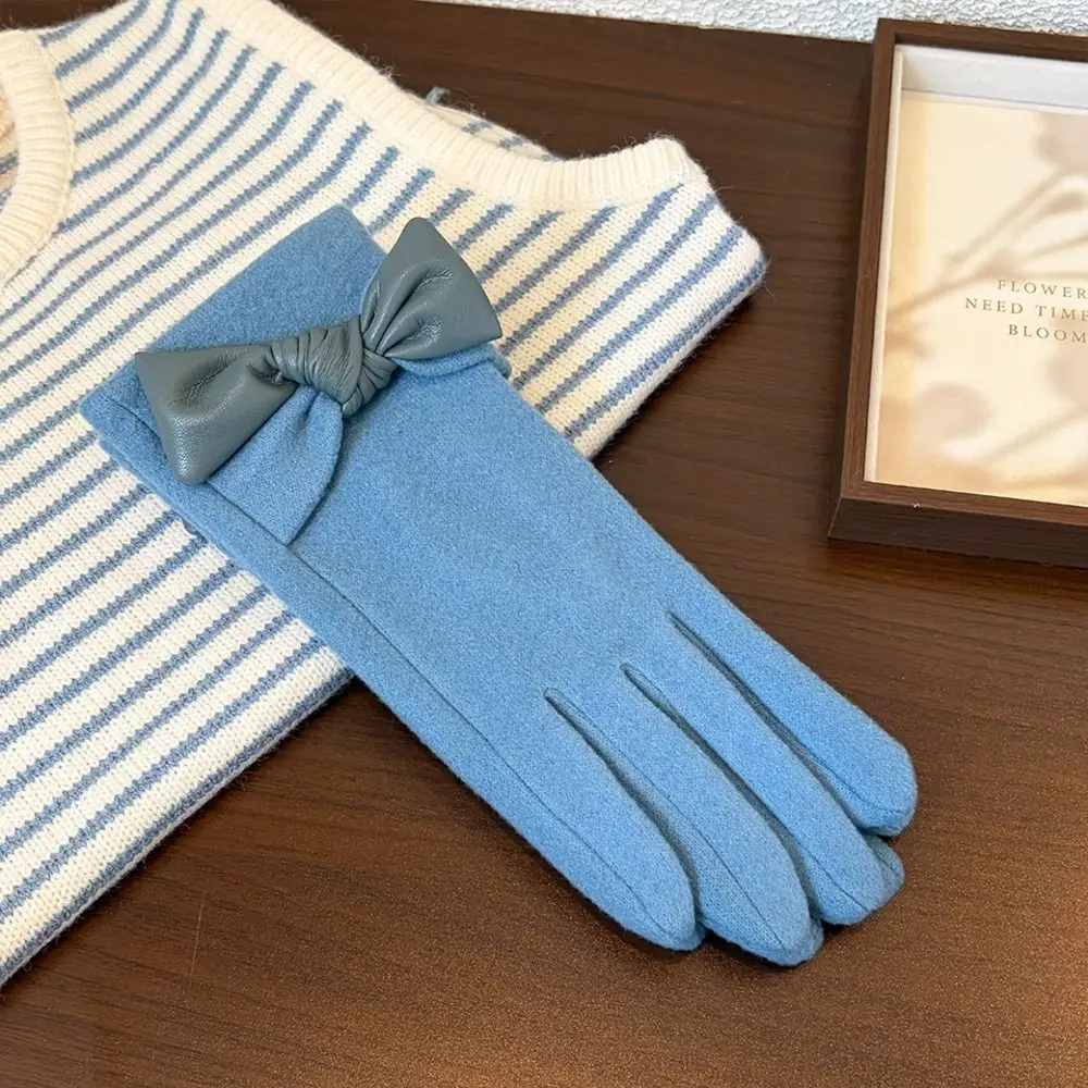 Bow Decor Winter Warm Gloves Polyester Fleece Lined Thick Design Cycling Gloves One Size Windproof Gloves Outdoor Cycling