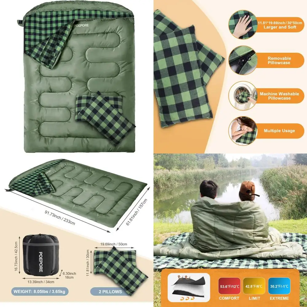 

Two Person XXL Queen Size Flannel Sleeping Bag for Adults with Pillows, Ideal for Camping and Outdoor Adventures