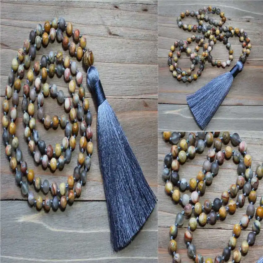 Collar de nudo de borla de ágata loca Natural para hombres, gargantilla de Metal curativa espiritual, colgante de novia de alivio, Mala, Yoga, 6mm, 108 cuentas