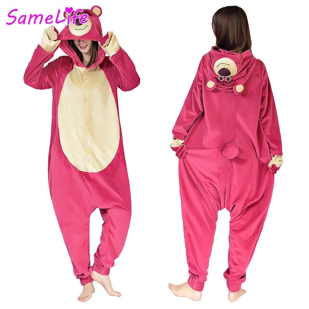 Strawberry Pink Bear Cosplay Fantasy Flannel Pajamas Sleepwear Cartoon Costume Disguise Halloween Women Roleplay Party Outfits