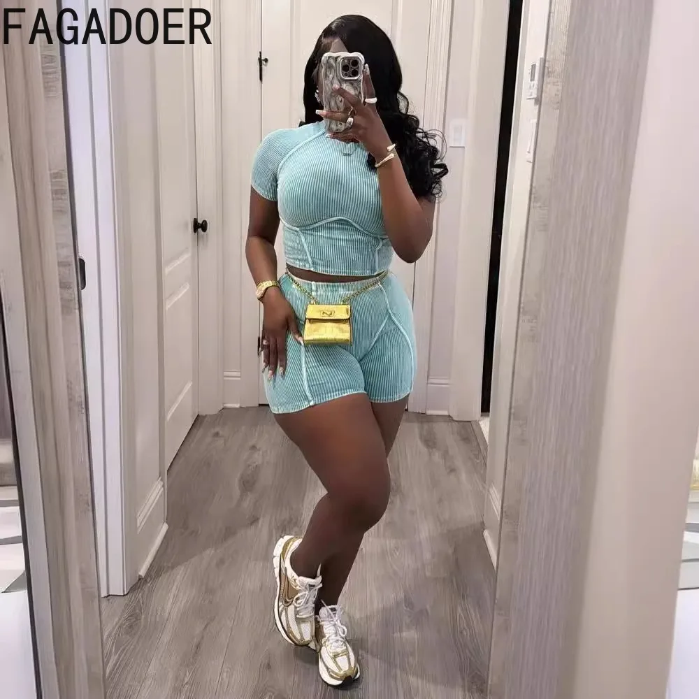 FAGADOER Summer New Solid Ribber Two Piece Sets Women Round Neck Short Sleeve Crop Top And Shorts Outfits Female Sporty Clothing