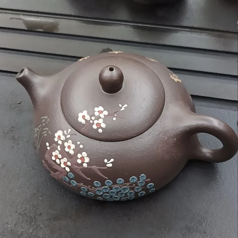 Chinese Style Kongfu Purple Clay Stone Ladle Pot, Raw Ore Black Gold Sand And Mud, Hand Drawn Teas Pots, Xishi Teapot 170ml, 1Pc