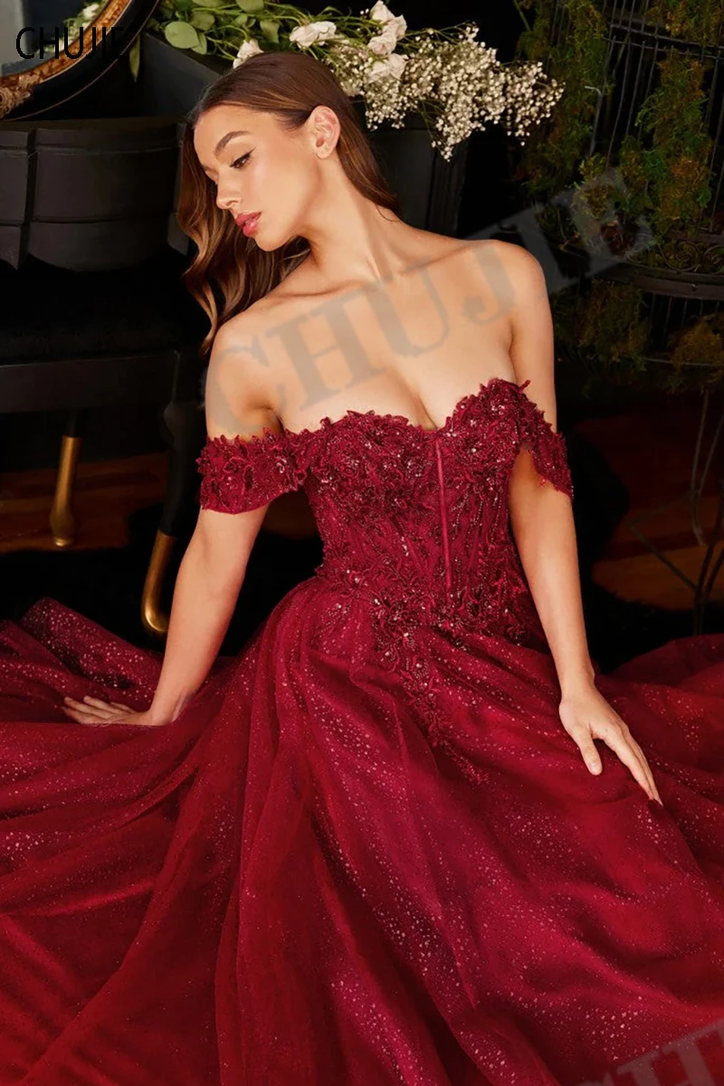 Elegant Burgundy Woman Prom Dress For Party Dresses Appliques Off Shoulder Women Evening Dresses For Wedding Quest Party ﻿