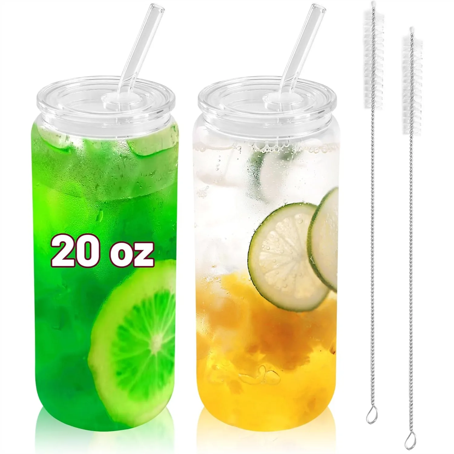 

20 oz Glass Cups with Acrylic Lids and Straws 2pcs Can Shaped Iced Coffee Cups, Drinking Jar Glasses for Smoothie Soda Boba Tea