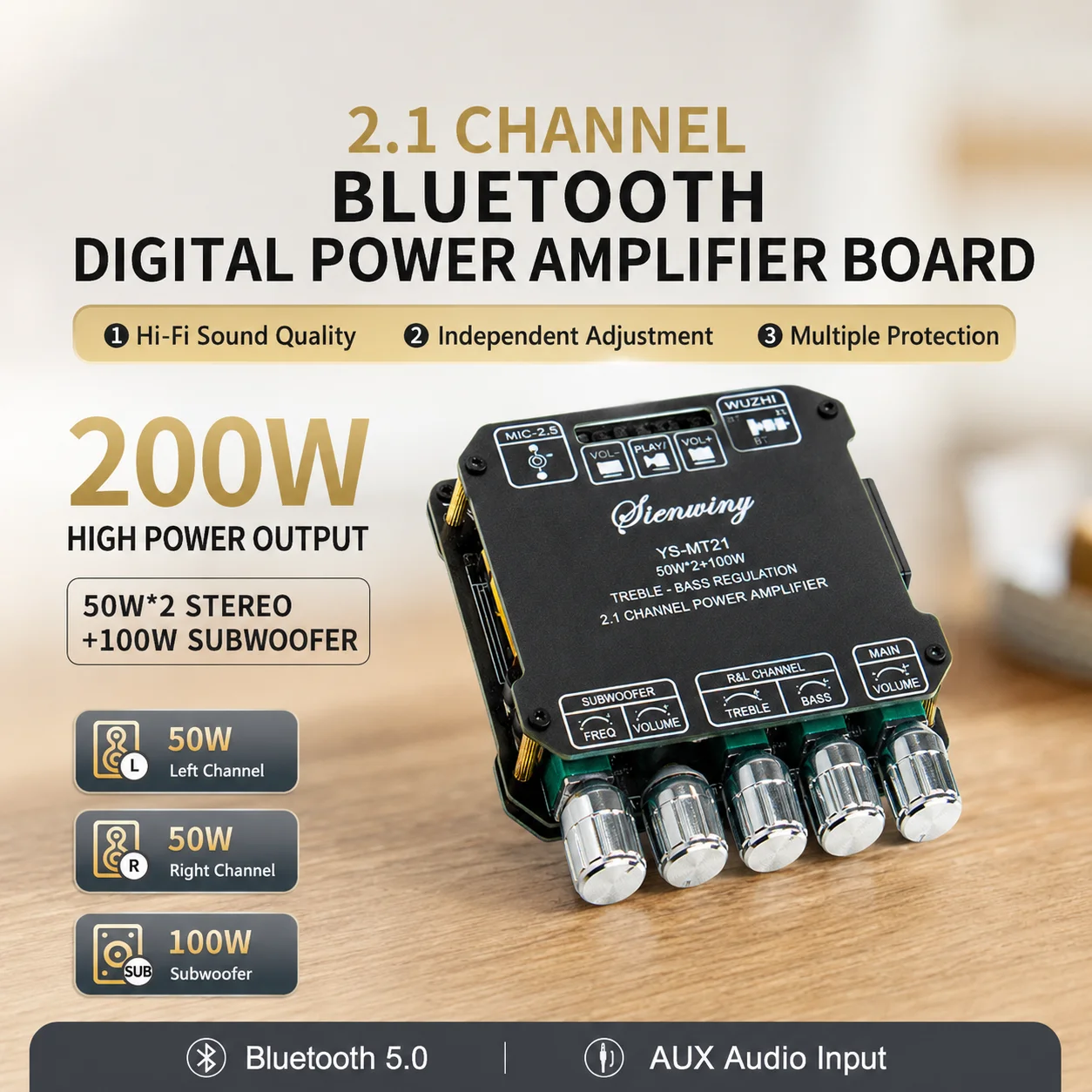 Bluetooth 5.1 MT21 Amplifier Board 2.1 Channel 200W 50/100W*2+100W HiFi Audio Power Amplifier Stereo Subwoofer Bass AMP AUX USB