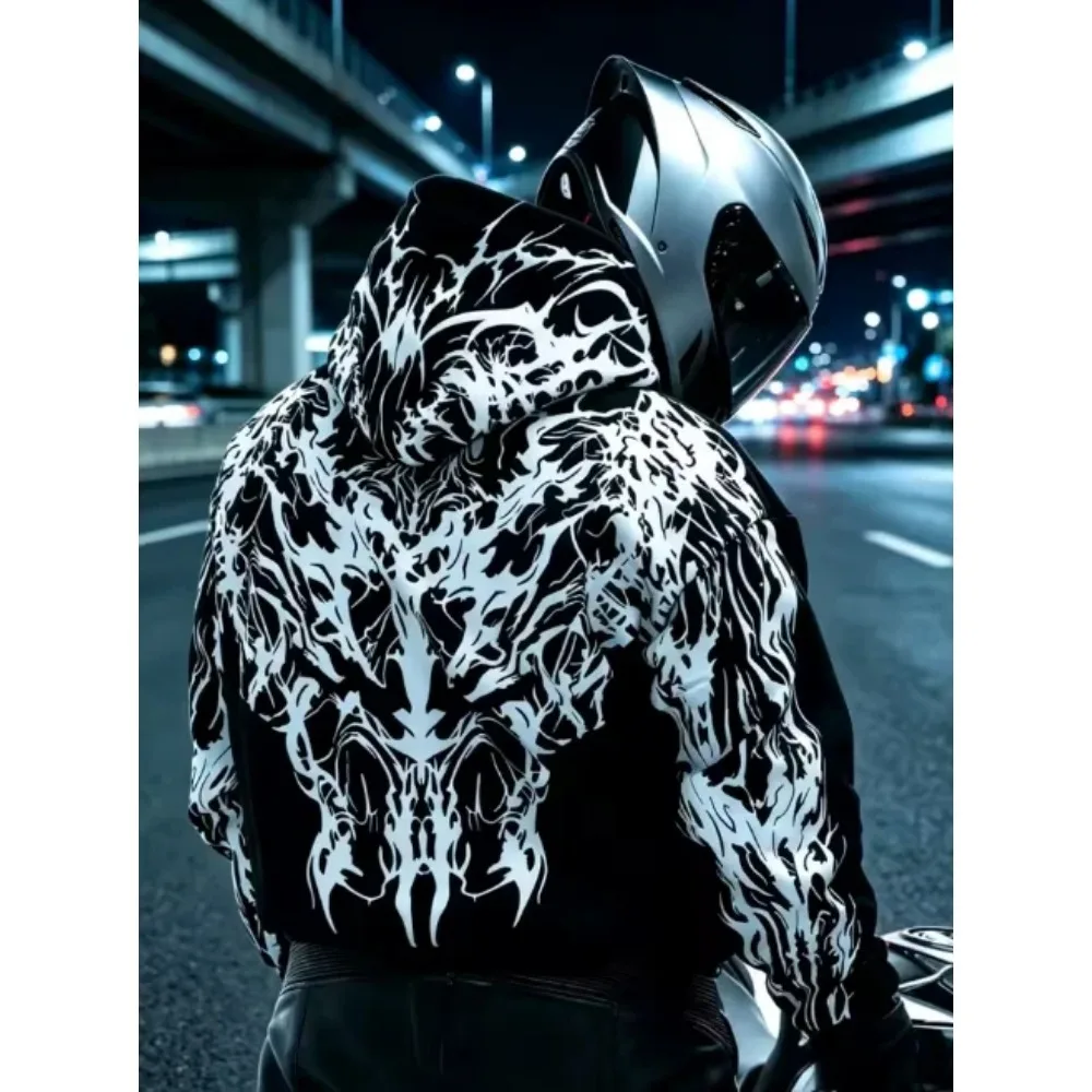 Biker Hip Hop Hoodie Abstract Skull Flame Back Printed Hoodie Hoodie Men's and Women's Motorcycle Gothic Street Trendy Hoodie