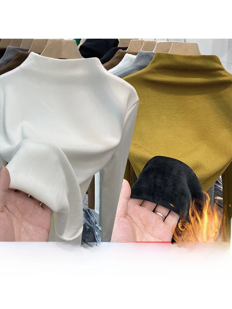 기본 롱 슬리브 안감 있는 심플 티셔츠 여성용 가을 겨울 하이 칼라 보온 탑 이너웨어 베이스 레이어