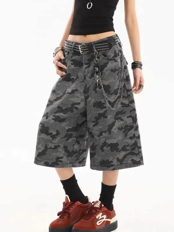 

American Style Retro Camouflage High Waist Wide Leg Jeans Women's New Loose Slimming Workwear Straight Leg Pants Shorts