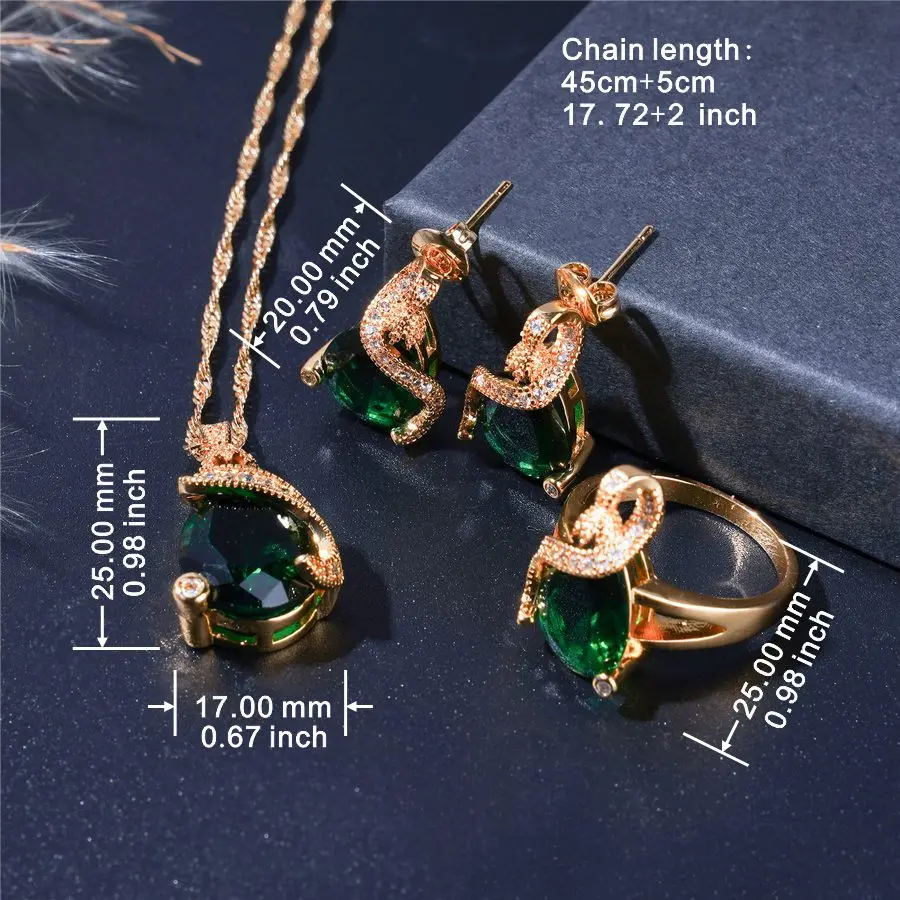 Elegant Green Zirconia 18K Gold Plated Water Drop Wedding  Jewelry Sets for Women Earrings Necklace Ring Bracelet