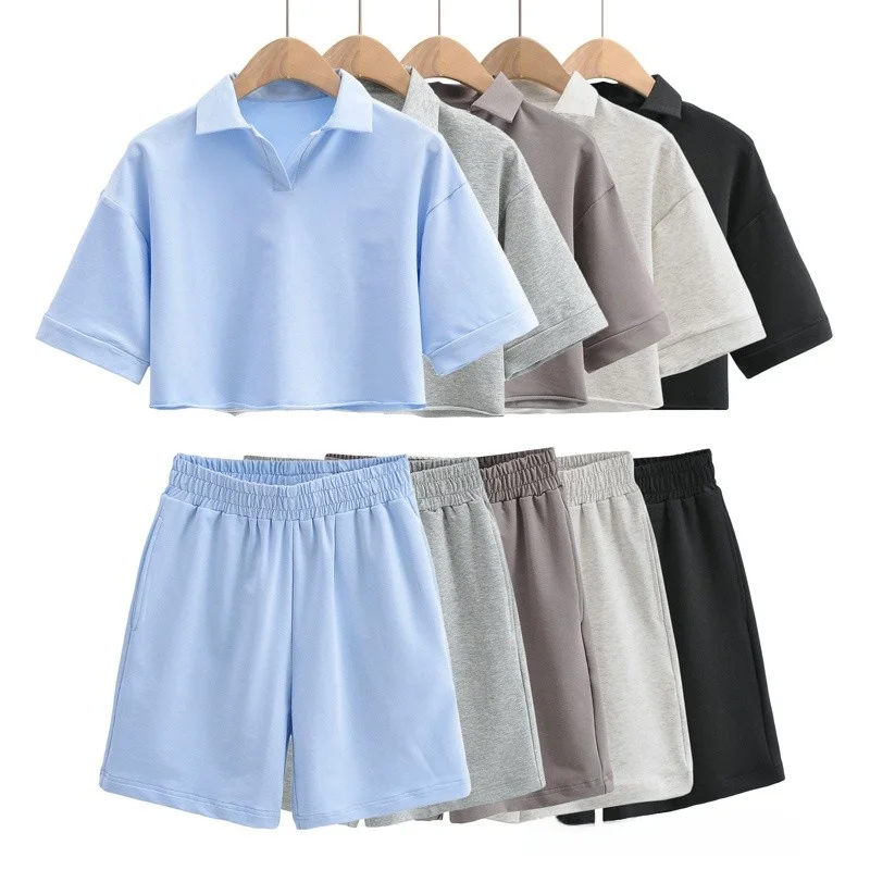 Comfortable Pure Color  Ne ort Sve Outfit with Cuffed orts Breathable Cotton Summer Faion Set for Women