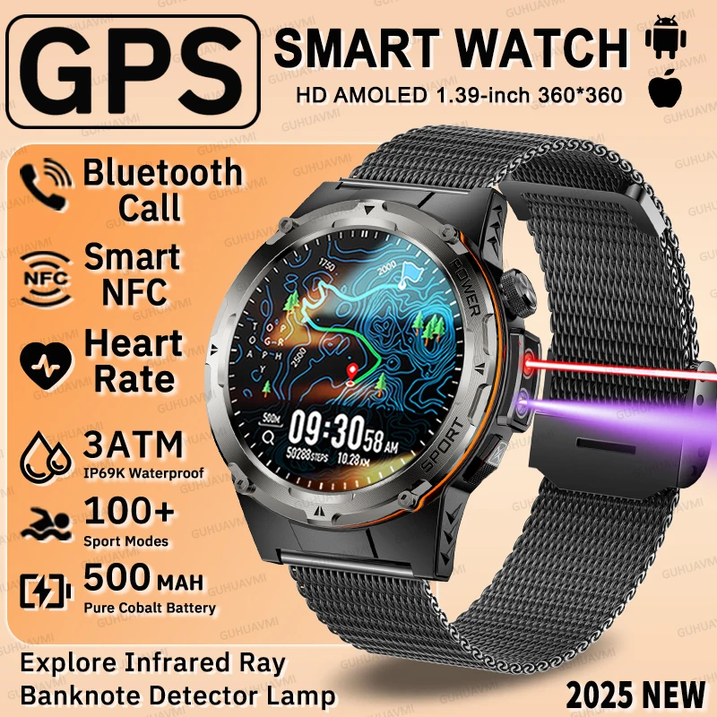 Für Huawei Beliebte im Freien GPS Sport Smart Watch Männer Herzfrequenz AMOLED 3ATM IP69K Wasserdicht 500mAh Infrarot NFC HD Anruf Uhr