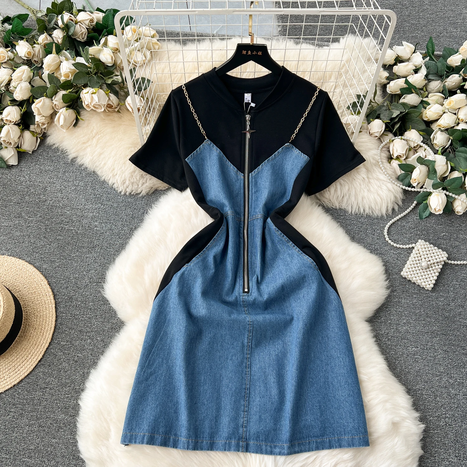 Denim Short dresses vestios for women casual zipper patchwork fake two pieces jeans mini dress  summer clothing