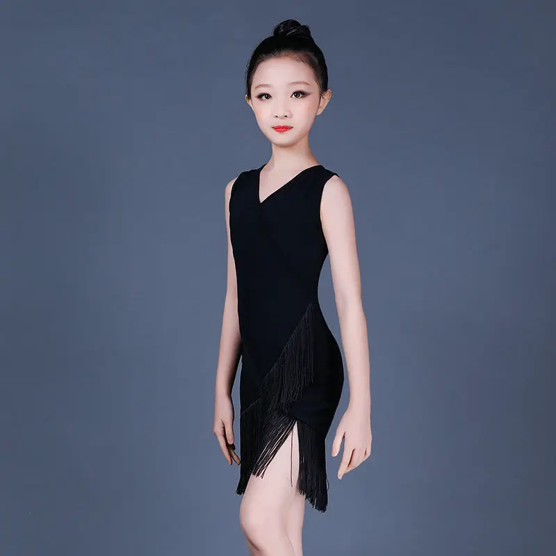 Novos trajes de dança latina, roupas de prática, saias infantis de uma peça, roupas de desempenho de competição com franjas femininas