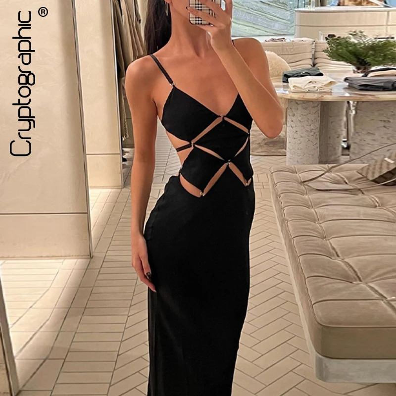 Cryptographic Elegant Hollow Out Slip Dress Elegant Summer Outfits for Women Club Vestido Sleeveless Party Black Maxi Dresses