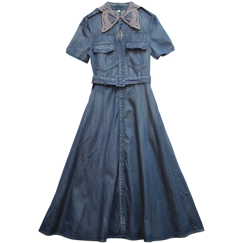 Imagem -03 - Vestido para Mulher 2023 Yuzi. May Boho Novo Denim Vestidos de Manga Curta Cintura Alta Único Breasted Bowknot Bordado Vestidos A82378