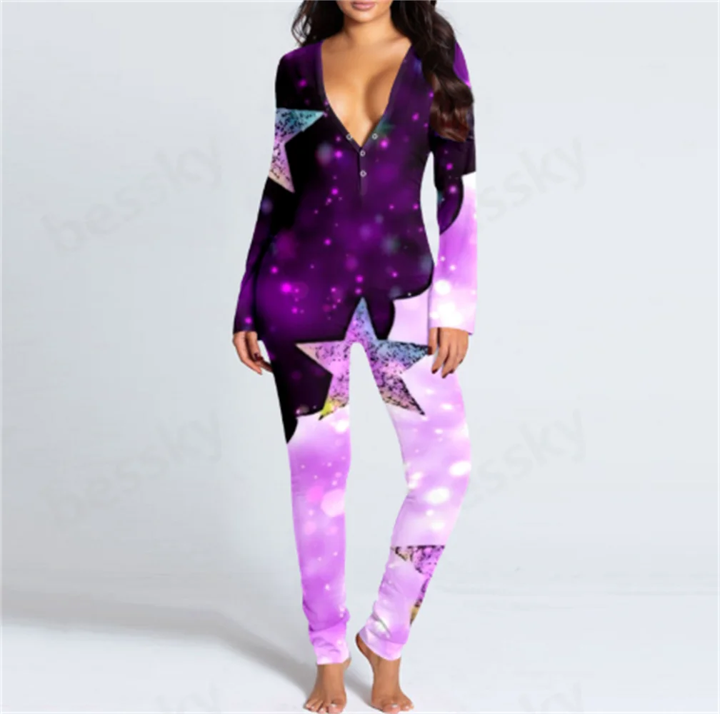 

Женская функциональная пижама на пуговицах с длинными рукавами и принтом, комбинезон для взрослых, удобная одежда для сна с откидной пуговицей