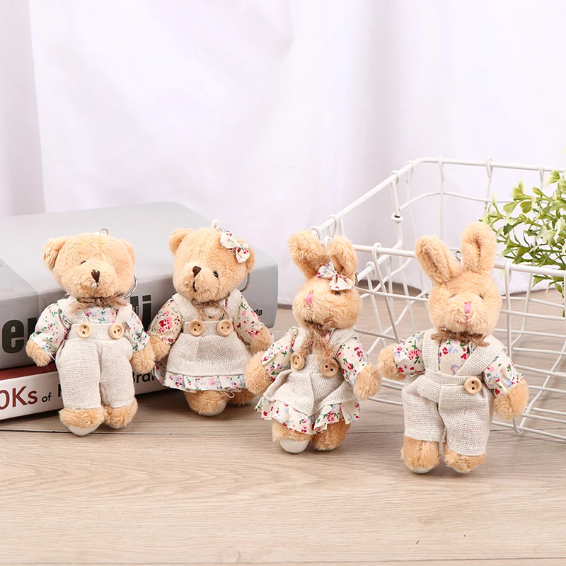 Cute Plush Bear Doll Toy Pendant Toys Gift Girls Country Style Linen Bear Keychain Women Couple Rabbit Keying Bag Car Trinket