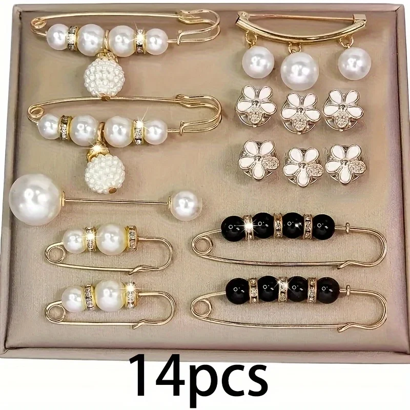 14pcs Elegant Faux Pearl Brooch Set, Alloy and Plastic, Irregular Shape, Suitable for Dresses, Hats Scarves, Etc.
