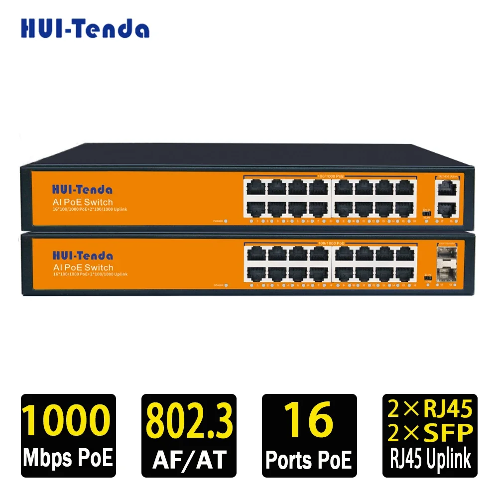 HUI-Tenda Switch POE Gigabit Completo, 16 Portas, 10 Mbps, 100 Mbps, 1000Mbps, Rj45, Sem Gerenciamento, AI Smart para Câmera IP, NVR