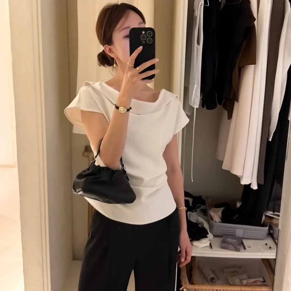 Slimming Short Sleeve Shirt New Style Turn-down Collar Flattering Waist Design Summer Sensation Women's T-shirt Standard Fit ...