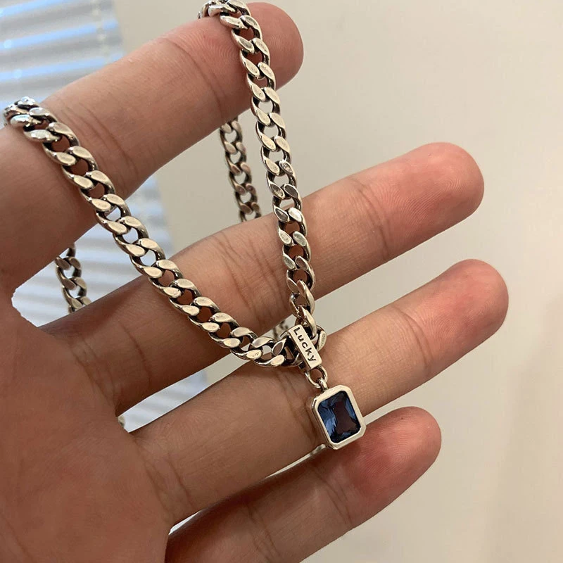 Mewanry Thick Chain Blue Zircon Necklace For Women Couple Fashion Simple Personality Classic Elegant Hip Hop Party Jewelry Gifts