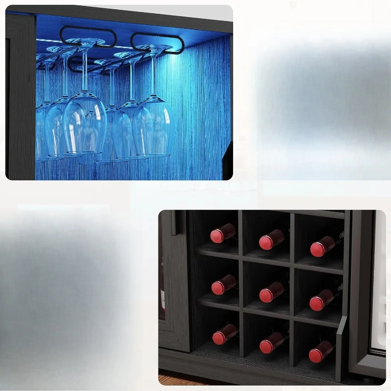 Wine Bar Cabinet with Fridge, LED Lights, Human Body Sensor, Black