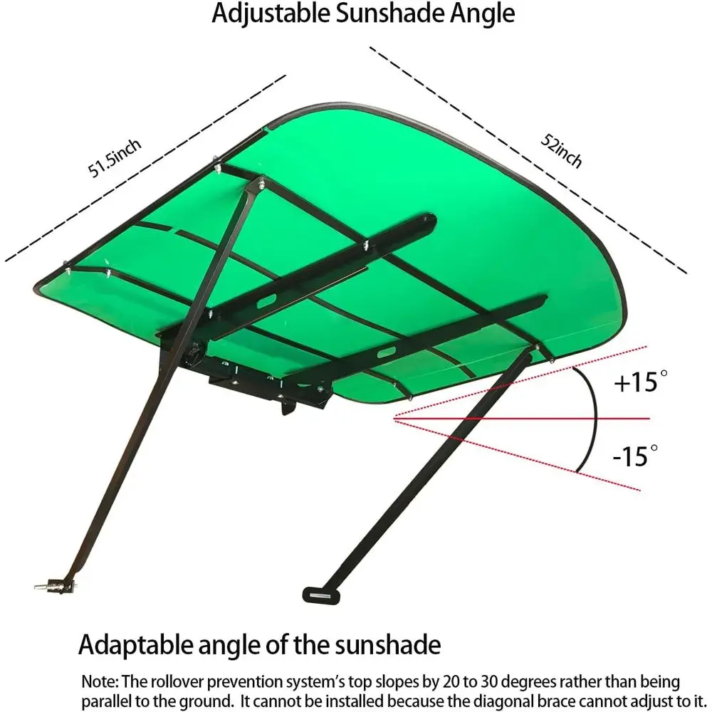 Green 53x53 Tractor ROPS Canopy with Mower Sun Shade, Adds 4 to Height