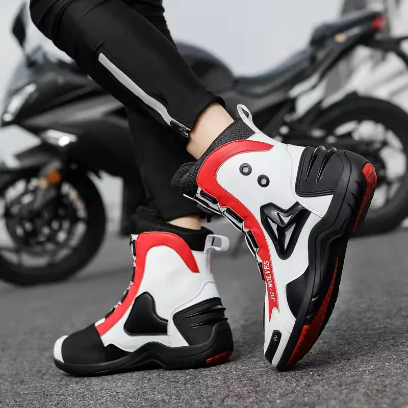 JG.WOLVES Reflective Motorbike Shoes Men Motorcycle Boots Breathable Anti-fall Road Racing Casual Shoes Gear Shift Rubber Sole