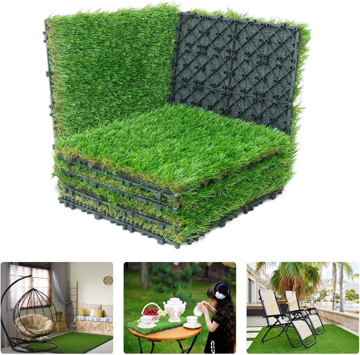 Artificial Grass Turf Tiles for Patio Self-Draining Interlocking Fake Faux Grass Pet Turf for Dog Potty Training Grass Mat Tiles