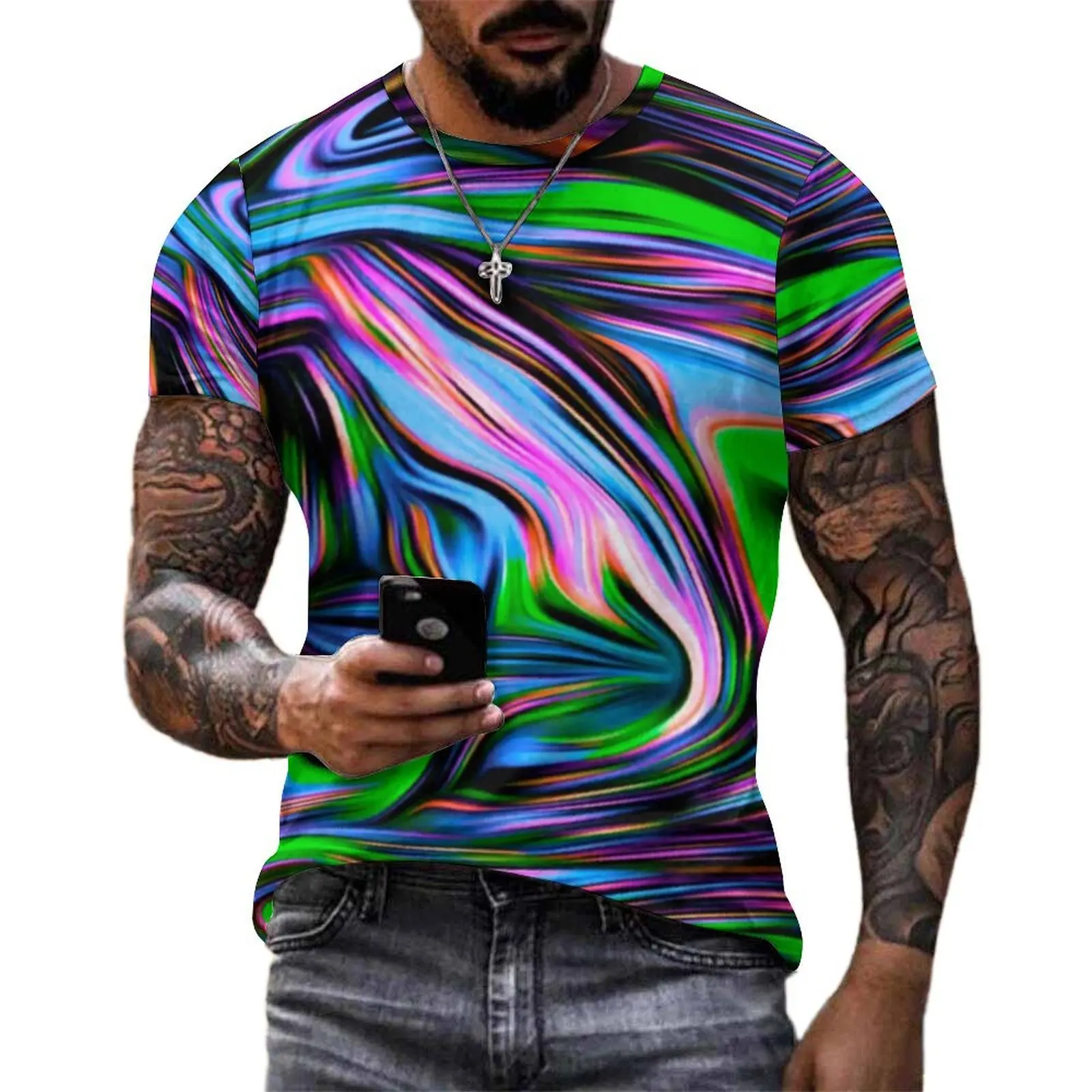 Plus Size T-Shirt Summer Neon Paint Swirl T Shirts Colorful Liquid Print Funny Round Neck Tee Shirt Men Hippie Graphic Clothing