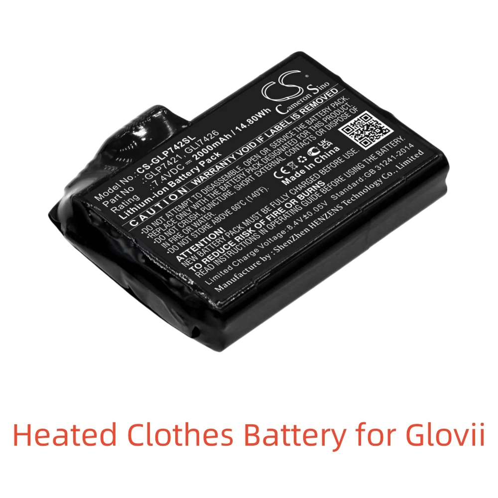 Replacement Li-ion Heated Clothes Battery for Glovii | 7.4V, 2000mAh | Compatible with Universal Gloves, GXR, GXB, GJ1 Series