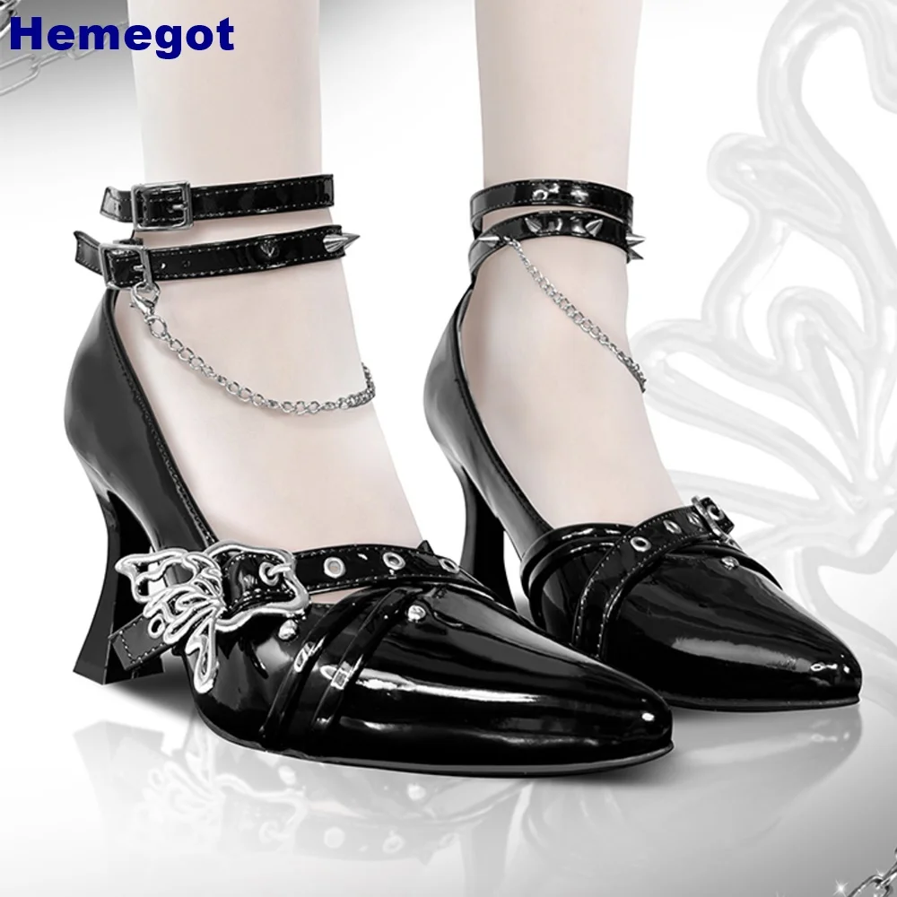 Pointed Chain Cross-Belt Rivet Pumps Summer New Punk Cool Girl Sexy High Heels Gothic Silver/black Fashion Women Shallow Pumps